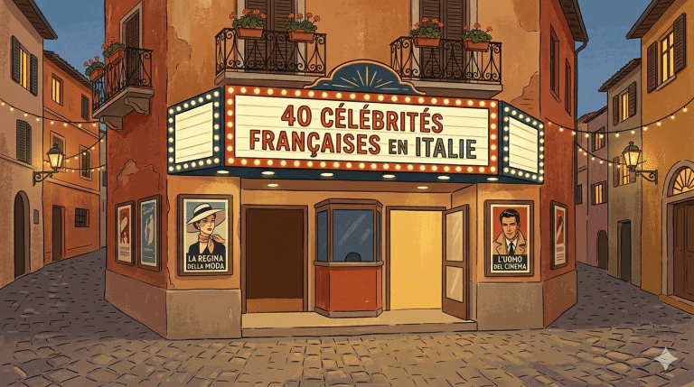 Dessin rétro d'une façade de cinéma italien affichant le titre 40 célébrités françaises en Italie avec des affiches de films vintage.