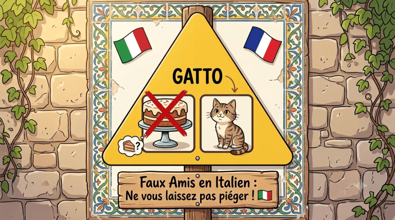 Un panneau de signalisation triangulaire 'GATTO' illustre un gâteau barré d'une croix rouge et un chat pour expliquer les faux amis en italien