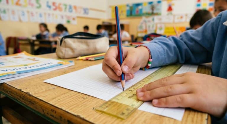 Illustration du système scolaire italien : un élève de primaire traçant une ligne dans sa classe.