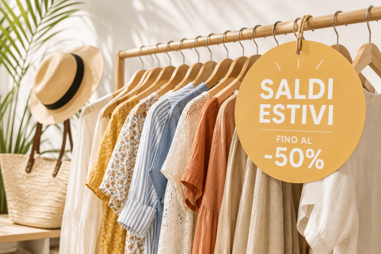 Portant de vêtements pour les soldes d'été en Italie avec une pancarte jaune Saldi Estivi -50%, des chemises en lin et un chapeau de paille.