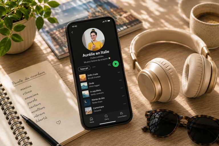 Smartphone affichant le profil Spotify Aurélie en Italie avec des playlists de musique italienne à côté d'un carnet de vocabulaire.