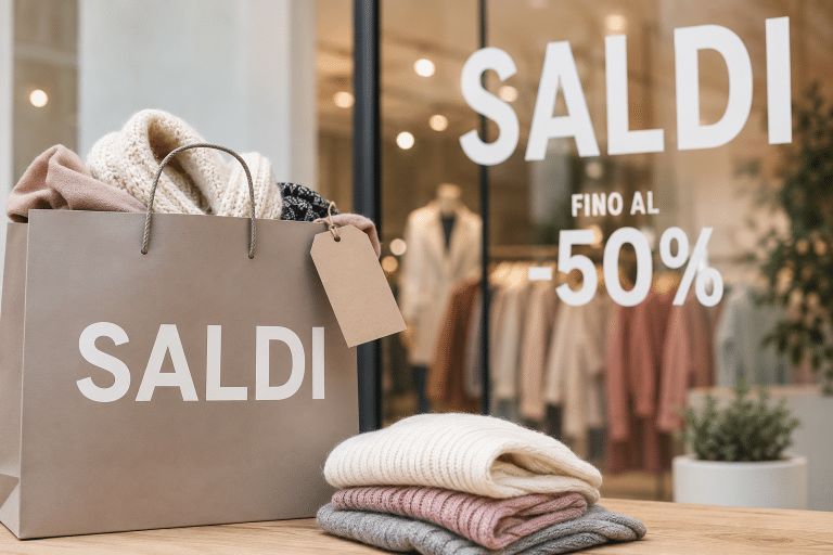 Sac de shopping Saldi et vêtements d'hiver devant une vitrine annonçant les soldes d'hiver en Italie